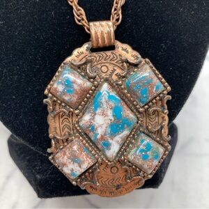 Copper Necklace Resin Faux Turquoise Pendant Long